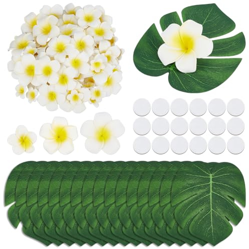 OLYCRAFT 90pz decorazione per Feste Tropicali, Inclusi 30 foglie di Monstera Finte e 60 fiori di Plumeria Artificiali per Il Tema Hawaiano Luau, Giungla, Spiaggia, Tavolo, Festa di Nozze