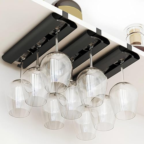 Paquete de 3 soportes para copas de vino montado en la pared, estante debajo del gabinete, instalación sin taladro, ahorro de espacio, almacenamiento de secado de cristalería, color negro (10.2 x 3.9