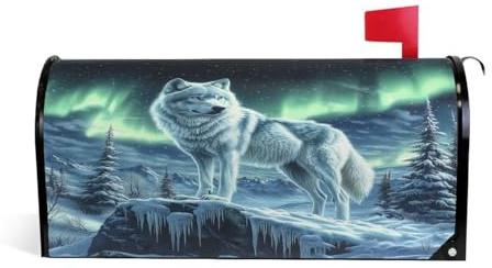 White Wolf Stands ICY Cliff Magnetic Mailbox Cover Large Size 25x21 Inch Letter Box Covers Decorative Mailbox Wrap for Home Garden Decor
