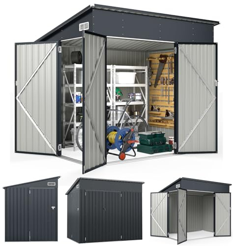 HOMASIS Casetta da Giardino 5,3 m³ in Lamiera Zincata, Capanno da Giardino con 3 Porte, 2 Prese d'Aria e Serratura con Chiave, Porta Attrezzi con Tetto Inclinato per Prato, 235 x 174 x 197 cm