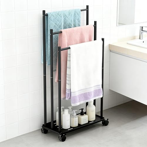 Porte Serviettes Salle de Bain sur Pied, Porte Serviettes Autoportant avec 3 Barres, Support Étagère de Rangement et Accessoires de Salle de Bain avec Étagères et Roulettes pour Salle de Bain, Piscine