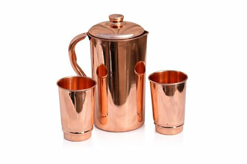 HEALTHANDVEDA™ Caraffa in rame puro | Caraffa di rame con coperchio per acqua potabile | Tradizionale recipiente Tamra Jal ayurvedico per acqua potabile, capacità 1,5L (Caraffa in rame liscio + 2