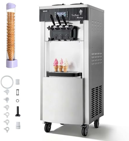 VEVOR Commercial Ice Cream Machine, 20-28L/H Yield, 2200W 3-Flavor Freestanding Soft Serve Ice Cream Maker with 2 x 6L Hoppers & Hopper Agitation, Pre-Cooling Self-Cleaning for Snack Dessert Shops