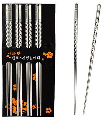 Rbenxia Metal Steel Chopstick Stainless Steel Spiral Chopsticks 8.8 Inches Long Lightweight Chopstick Set Reusable Classic Style for Kitchen Dinner 5 Pairs Silver