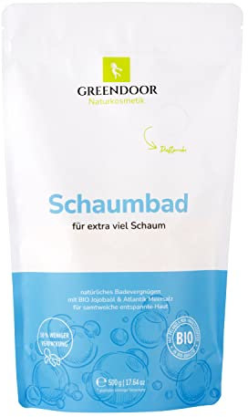 GREENDOOR natürliches Bio Schaumbad 500g Pulver Konzentrat für samtweiche entspannte Haut, sanfter Duft, für Frauen Männer Kinder, mit Bio Jojobaöl, Meersalz, Naturkosmetik extra mild