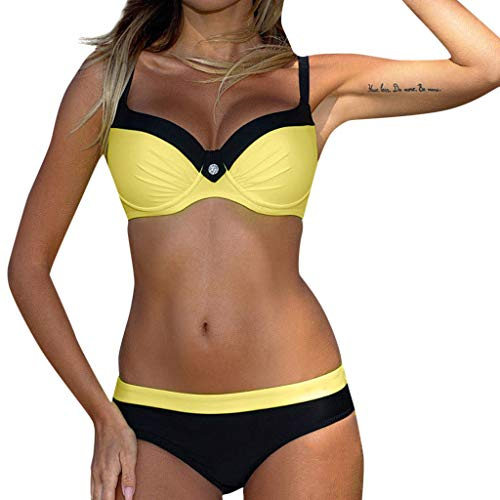 DAY8 Maillot de Bain Femme 2 Pièces avec Armature Grande Taille Bikini Sexy Bresilien Push Up Tanga Culotte Short Trikini Tankini Maillot de Bain Natation Femme Deux Pièces (Jaune, Meidum)