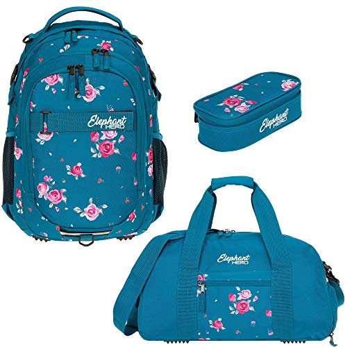 Elephant 3 Teile Set Schulrucksack Hero Signature Rucksack + Sporttasche + Mäppchen 12609 (Blue Flower (Blau/Rose))