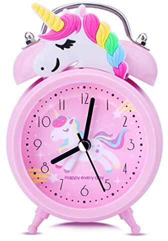 TCJJ Silent Bedside Kids Alarm Clock with Night Light,Non-Ticking Pink Loud Twin Bell Unicorn Clock for Girls Bedroom Desk,Suitable for School/Easter