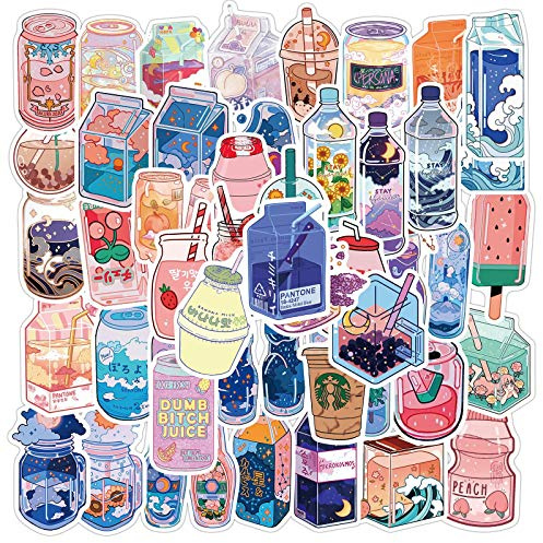 50Pcs Beverage Stickers Laptop Car Scrapbook Phone Skateboard Cute Vsco Drink Stickers Vinyl Waterproof Aesthetic Personalised Stickers for Teens Boys Girls Adults Children