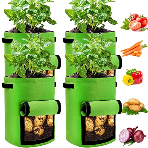 JJGoo 4 Pack Potato Grow Bags 10 Gallon with Flap, Heavy Duty Fabric Grow Bags with Handle and Harvest Window, Non-Woven Planter Pot Plant Garden Bags to Grow Vegetables Potato Tomato, Green