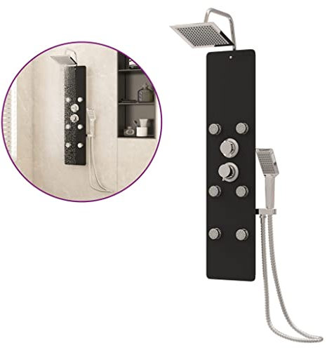 vidaXL Panel Ducha Torre Aseo Cuarto de Baño Inodoro Alcachofa Cascada Chorros de Masaje Termostato Moderno de Vidrio 25x47,5x130 cm Negro