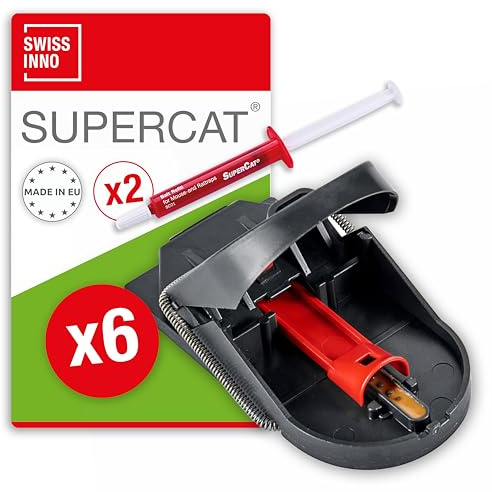 SWISSINNO Piège à Souris Pro SuperCat – Tapette Souris - Prêt à l’Emploi, Spécifique aux Souris – Capture Instantanée et Hygiénique – Réutilisable - 6 Pièges + 2 Seringues à Appât