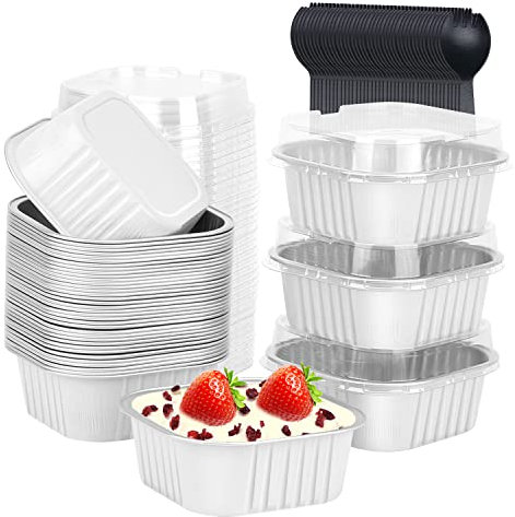 LNYZQUS 10oz Disposable Ramekins With Lids 40 Pack, Aluminum Foil Jumbo Cupcake Pan, Square 4”X4” Mini Cake Pan Browni Baking Cups Muffin Tin Dessert Cups For Wedding Party-White