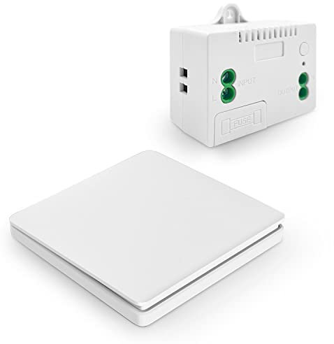 DieseRC Wireless Kinetic Light Switch Wall Panel RF Safety Control and 10A Relay Receiver Controller with Fuse, No Wiring No Battery Self-generating (1 Receiver with 1 Switch)