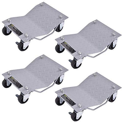 GYMAX Lot de 4 Chariots à roulettes pour Démenagement de Voiture | Charge 2720 KG, Frein, Surface Antidérapante et Poignée Pratique, pour Transport d'Auto, Camion, Meuble