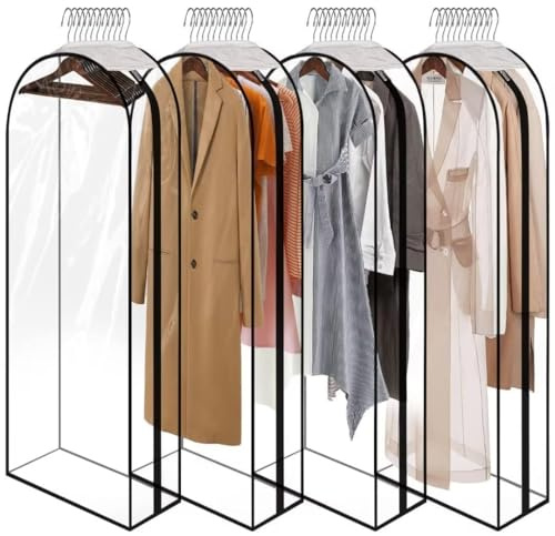 ECOMAID 60 Clear Clothes Hangers with Smooth Side Zipper, 10 Gusseted Waterproof Garment Bags for Shirts, Coats, Dresses, Suits, 4 Pack