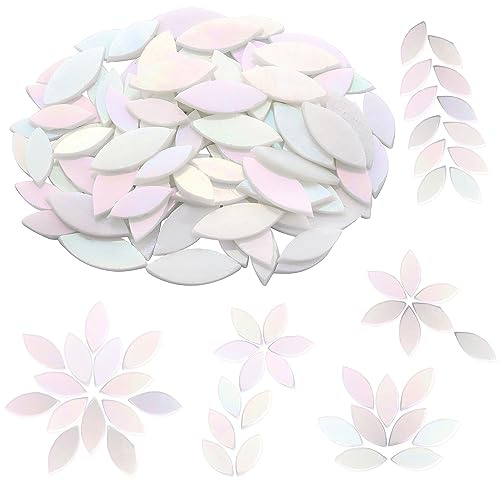 Mogokoyo 100 Stück Blatt Mosaiksteine zum Basteln Schillernd Glasmosaik Mosaik Bastelset für DIY Handwerk Deko (Schillerndes Weiß)