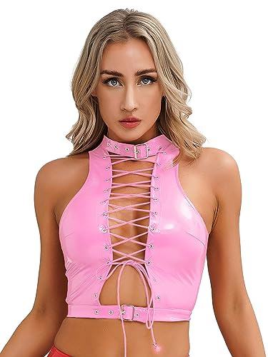 TiaoBug dam nackhållare bh metallisk bikini topp wetlook underkläder lack läder bh rygglös magfri skjorta dragkedja väst gogogokostym