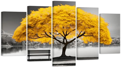 ZXHYWYM Schwarz Weiß Leinwandbilder 5 Teilig gelber großer Baum und Stuhl Bild Landschaftsmalerei Drucke moderne Heimdekoration gerahmt(Bild-3, (125.00 x 60.00 cms))