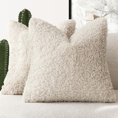 Foindtower, 2 federe per cuscino, in finta pelliccia, 50 cm x 50 cm, color crema neutro, morbide, stile pelo di pecora, decorative, per letto, divano, soggiorno