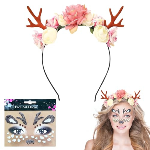 Haarreif Weihnachten,Haarreif Rentier,Rentier Gesicht Tattoos,Weihnachts Haarband Kopfschmuck Geweih Karneval Mottoparty Fasching Cosplay Weihnachten