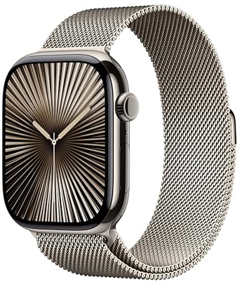 Apple Watch Series 10 GPS + Cellular 46 mm Smartwatch con cassa in titanio color Naturale e cinturino Sport Loop Naturale - S/M. Fitness tracker, app ECG, display Retina always-on, Carbon Neutral