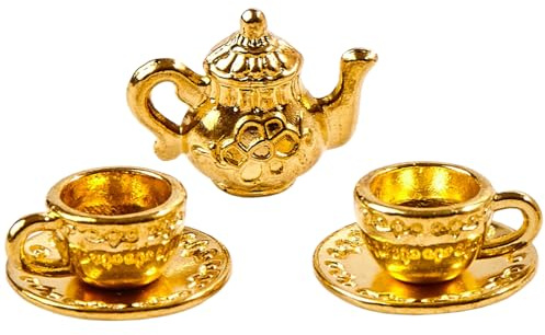 Juego de tazas de té en miniatura de metal vintage para casa de muñecas, tetera, taza pequeña, tazas de té, casa de muñecas, cafetería, accesorios de cocina para accesorios de fotografía, 3 piezas
