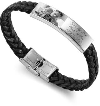 OTXIXTO Personalisiertes Lederarmband Herren mit Gravur Namen Datum Foto ID Edelstahl Einstellbar Geflochten Jahrestag Freundschaft Geschenk für Männer Vater Bester Freund