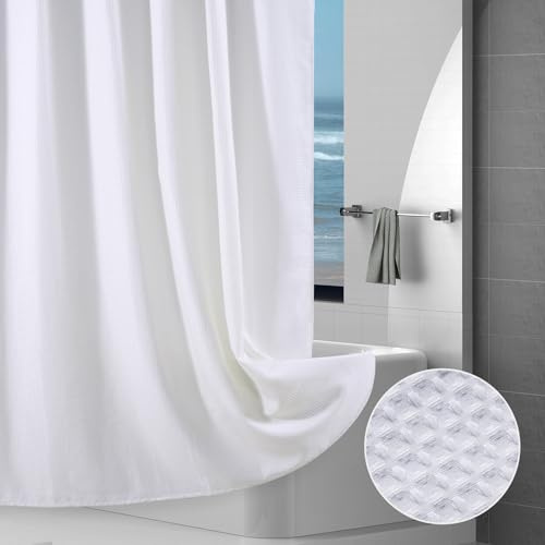 VANZAVANZU Hotelstil Waffel Duschvorhang 183x183cm, Wasserdicht & Waschbar, Schwerer Stoff Duschvorhang Textil mit Beschwerter Saum, Schimmelresistent Badevorhang für Dusche und Badewanne, Weiß