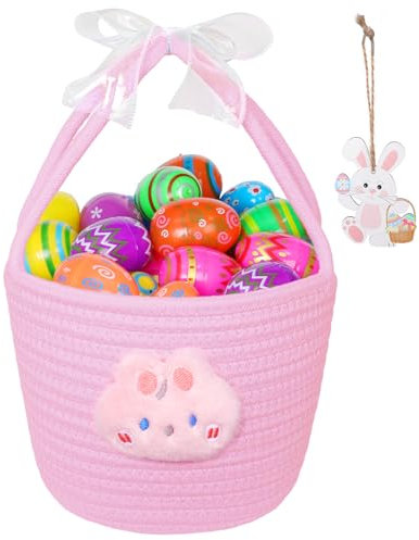 Cesta Pascua para Niños, Cestas de Conejito Huevos Pascua Bolsas Regalo de Pascua Niñas para Fiesta de Pascua Decoracion Picnic de Primavera (Cesta rosa + conejito rosa)