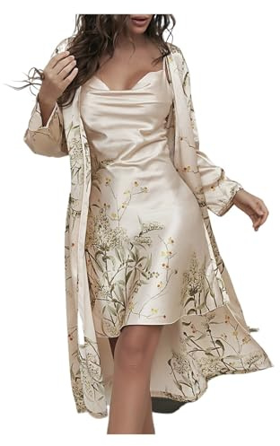 Pijama Saten Mujer Conjunto de pijama de satén de seda for mujer, camisón de 2 piezas con cuello vuelto, bata de dormir, camisola sin mangas y lazo en la cintura, ropa de dormir(Champagne Cherry,XL)