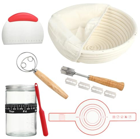 Atliberswo Set 8 Pezzi Kit Lievitazione Pane – Cestini Lievitazione Rattan 23 cm, Barattolo Fermentazione, Spatola, Coltelli Forno, Tappetino e Frusta per Torte