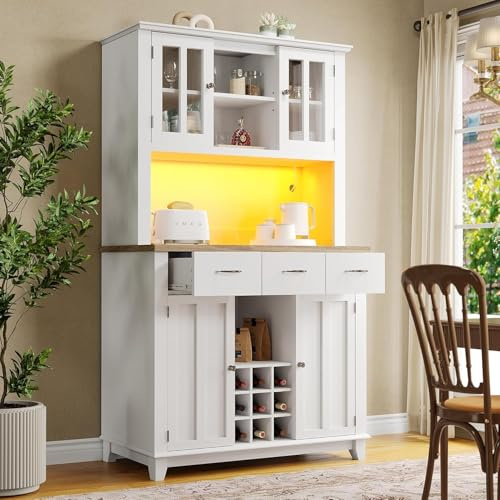 DEECOZY Küchenschrank, Buffetschrank mit LED-Beleuchtung, Hochschrank Küchenbuffet mit 4 Türen und 3 Schubladen, küchenschränke mit Lagerregal, Standschrank mit Verstellbaren Ablagen, 106x40x179.5cm