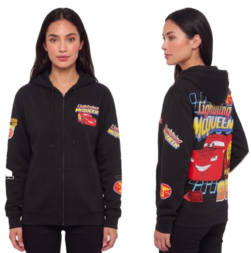Disney Felpa con Cappuccio da Donna con Cerniera, Motivo: Cars Saetta McQueen Stitch e Angel Marie, in Morbido Pile con Grafica (S-3X), McQueen Nero, Small