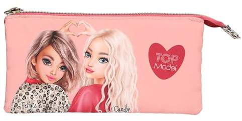 Depesche 13642 TOPModel Leoheart - Schlampertasche in Rosa und Rot, mit Model Motiv und Leo-Muster, Federtasche mit 3 Fächern