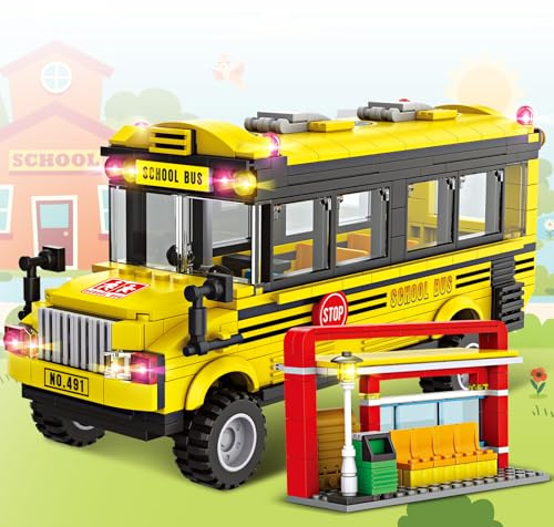 School Bus Building Blocks Set for Kids 6+ 488PCS Creative Vehicle Toy with Movable Wheels Compatible with Lego City Bus Construction Toy for Boys Girls Collector Educational STEM Gift