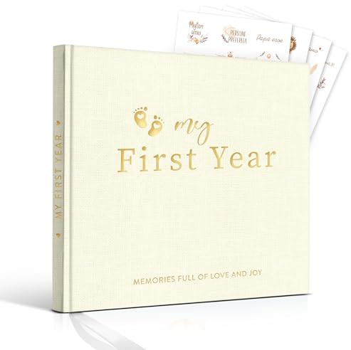 Baby Memory Book with Linen Cover – My First Year Keepsake Album, 84 Pages with Stickers, Baby Journal for Boys and Girls (Linen beige)