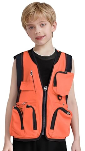 Mufeng Gilet di Sicurezza Antinfortunistici Alta visibilità Bambino Gilet da Pesca Multi-Tasca Senza Maniche Giacca per Campeggio Escursionismo Top da Lavoro Arancia 8-12 Anni