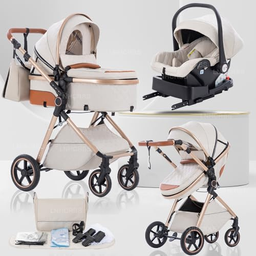 Lnhcrbs Kinderwagen 3 in 1 für Neugeborene, Reisesystem-Korb ist faltbar | Babywagen-Griff ist verstellbar, die Räder sind aus PU-Material, geeignet von Geburt bis 3 Jahre-ISOFIX-Beige