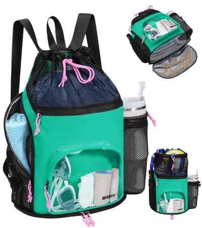 WANDF Swim Bag with Wet Pockets, Sandproof Beach Backpack with 40oz Tumbler Side Pockets, Mesh Drawstring Backpack Swim Bag for Swimming, Pool, Gym and Workout Gear (Green)