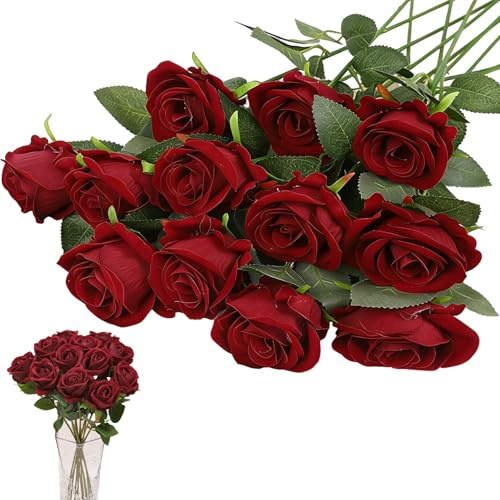XIAOGUA 12 Pièces Fleurs Artificielles 50X6cm Bouquet Fausse Fleur Artificielles Roses pour Mariage Mariée Bouquets Centres de Table Saint Valentin Fête des Mères Fête Maison Décorations(Bordeaux)
