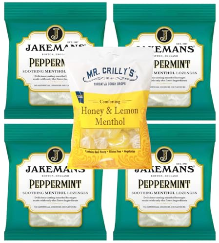 Jakemans Menthol Cough Drops 4 x Peppermint 1 x Lemon & Honey | Soothing Herbal Lozenges for Cough Relief, Sore Throat | Natural Vapour Action Hard Candy (5 Pack) (Peppermint/Honey & Lemon)