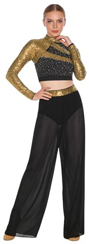 inhzoy Vestito da Ballo Lirico Contemporaneo Donna Completo da Ginnastica Ritmica con Strass Paillettes Crop Top Danza Classica Moderna + Pantaloni Lunghi Dancewear Oro S