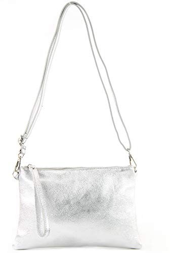 modamoda de T186 Damen Leder Clutch Umhängetasche Abendtasche handmade in Italy, Farbe:Silber