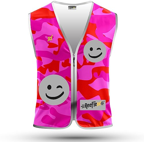 REEFLEXX Warnweste Kinder Sicherheitsweste, erhöhte Sichtbarkeit im Straßenverkehr, Schule, Fahrrad oder Auto, Pink Camou Smiley - Größe L