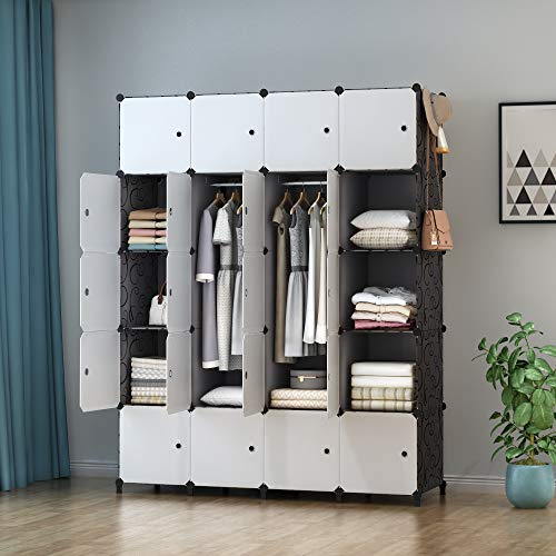 HOMIDEC Portable Wardrobe, 20 Cube Closet with 3 Hanging Rails for Bedroom | Modular Storage Wardrobe with 35 x 45 cm Deeper Cubes, Plastic Combination Cabinet Shelves for Clothes, Bedroom