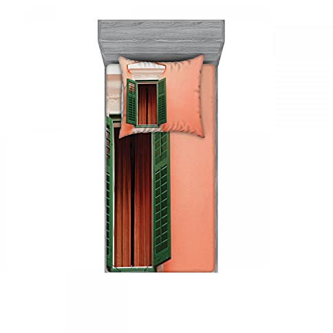 ABAKUHAUS Land Buntes Spannbetttuch- und Kissenbezug-Set, Alte Retro Haus Fensterläden, dekoratives,bedrucktes 2-teiliges Bettwäscheset, 90 x 200 cm - 80 x 80 cm, Orange Grün Weiß