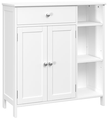 Irontar Bathroom Floor Cabinet with Drawer, Floor Storage Cabinet with Doors & Adjustable Shelves, Freestanding Kitchen Cabinet with 3 Open Compartments for Living Room, Entryway, White