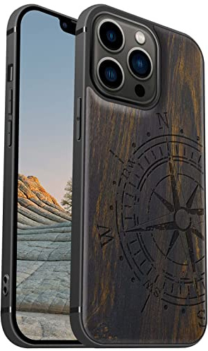 Carveit Coque magnétique pour iPhone 13 Pro Étui [amulette Bois Sombre] [Pare-Chocs en TPU Souple] Coque de téléphone Antichoc Compatible avec 13 Pro Magsafe Coque Bois (Boussole Vintage)
