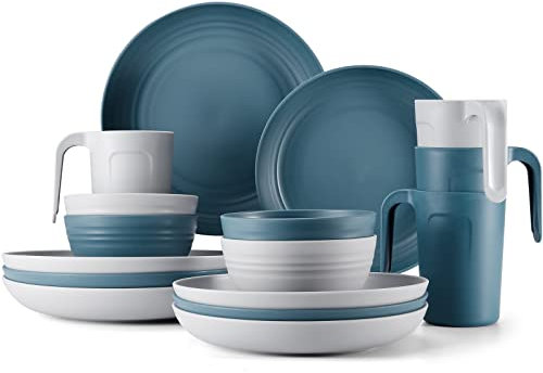 Odoland Kit de Vaisselle Camping 16Pcs, Kit Camping Couvert pour 4 Personnes, Set de Couverts Pique-Nique avec Assiettes Bols Tasses etc. pour Camping, Cuisine, Randonnée, Pique-Nique, Bleu et Gris